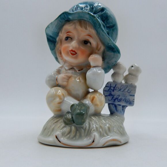 Price Products Child Boy Sitting with Birds on Hello There Sign Blue Bonnet 5 In - Picture 6 of 9